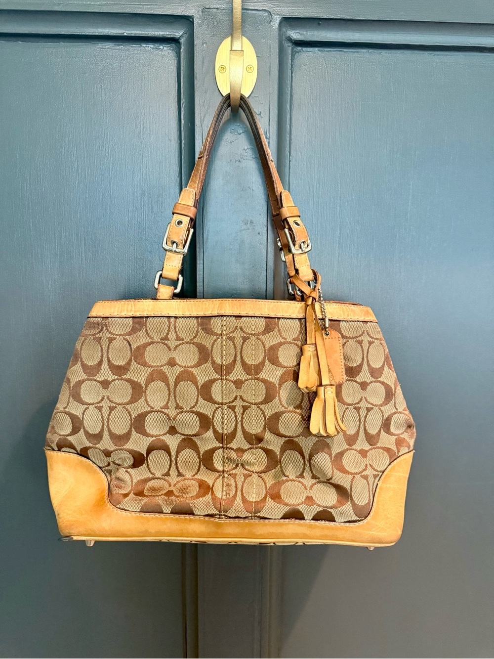 Coach Signature Canvas Bag in Brown and Tan Leather Trim